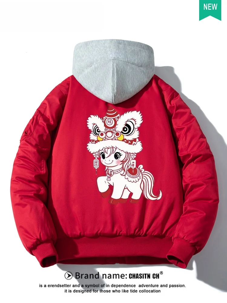 

Красная хлопковая куртка для мужчин, коллекция 2026 года, в стиле китайского зодиака, зимнее пальто для студентов, парный комплект, из полиэфирного волокна
