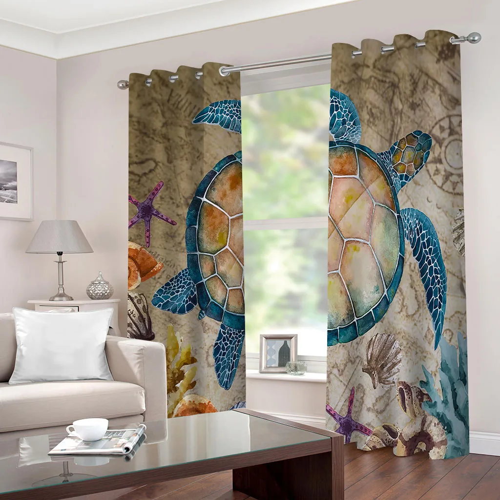 HUANZHUANG Short Curtains Ocean Animal Turtle Drapes Shading Bedroom Winodw Curtains Set For Living Room 2 Pieces Free Shiping