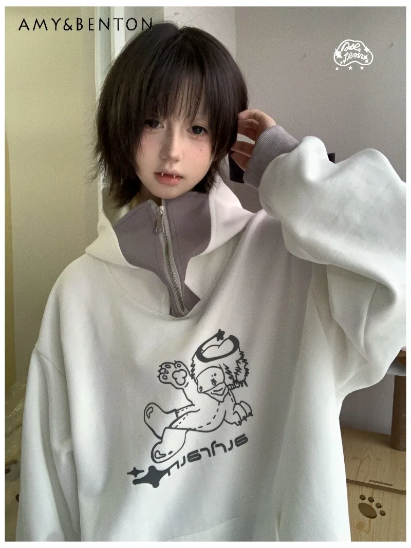 

2024 New Autumn Color Matching Design Small Brim Cute Original Design Cartoon Stand-up Collar Hooded Sweater For Women