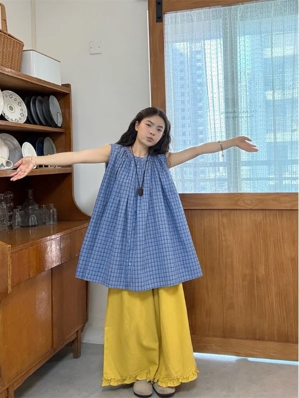 

plus Size Women's Vintage Plaid Sleeveless Shirt Top High Waist Slimming Ruffle Casual Wide Leg Pants Summer Fashion Set
