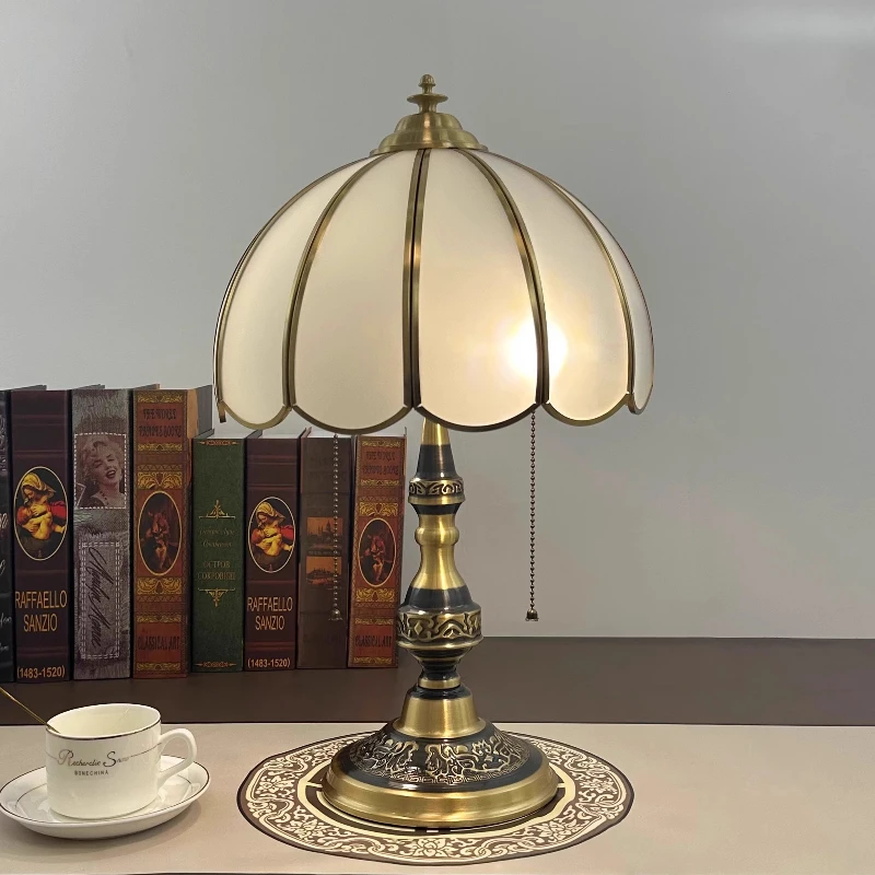 الإيطالية الرجعية جميع النحاس سحب الحبل التبديل مصابيح طاولة الزجاج الأبيض عاكس الضوء غرفة المعيشة غرفة نوم دراسة مطعم LED مكتب أضواء #5