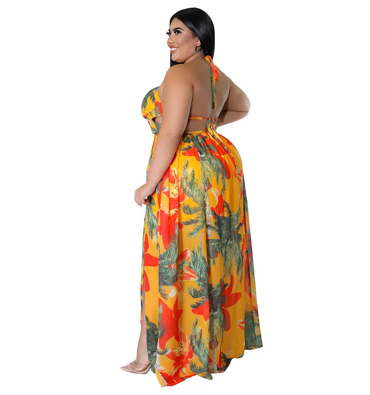 2022 vintage impresso fenda maxi laço-up vestido sem costas verão v pescoço sexy plus size vestidos femininos atacado dropshipping