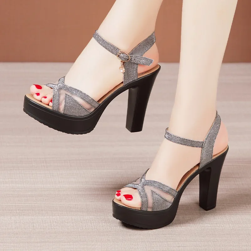 New Small Size 32-43 Breathable Leather Network Block High Heels Sandals Women 2024 Summer Chunky Platform Shoes Office Model