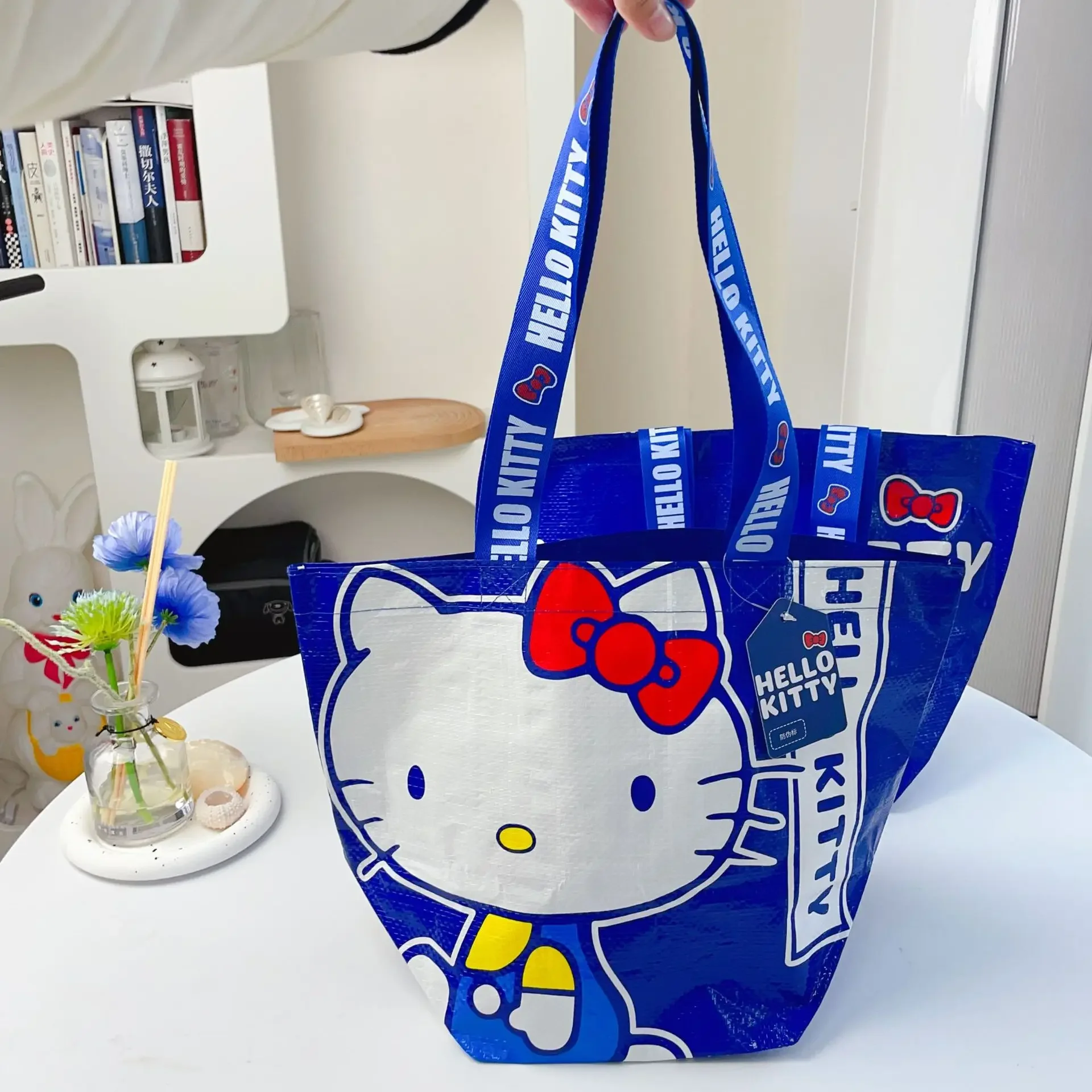 Hello Kitty Women\'s Handbags Cartoon Sanrio Pattern Large Capacity Shopping Bag Kawaii Blue Kitty Shoulder Bags for Girls