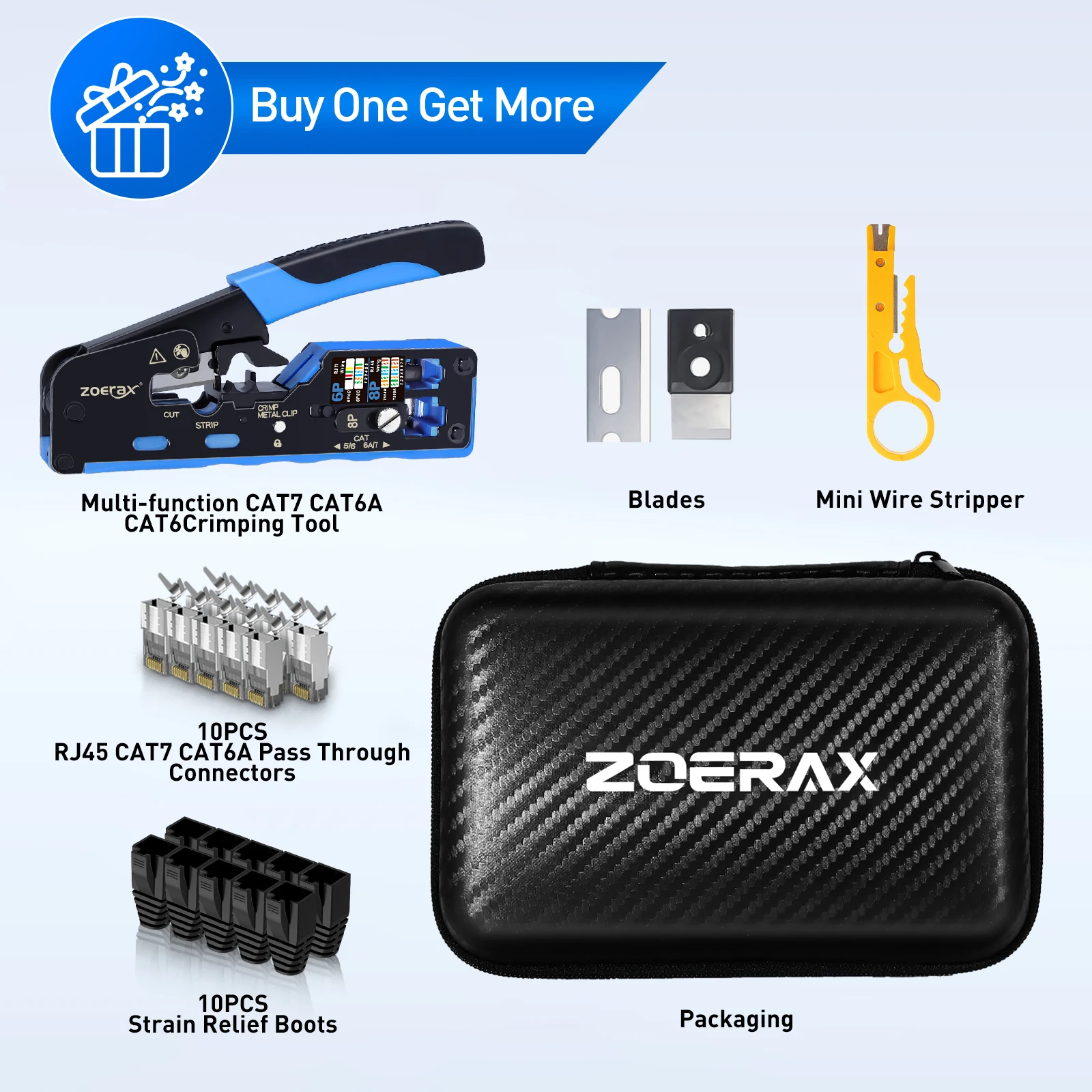 ZoeRax 5 in 1 RJ45 CAT7 CAT6A Network Tool Kit with Crimp Tool,Mini Wire Stripper,CAT7 Connectors,Strain Relief Boots and blades - view 8