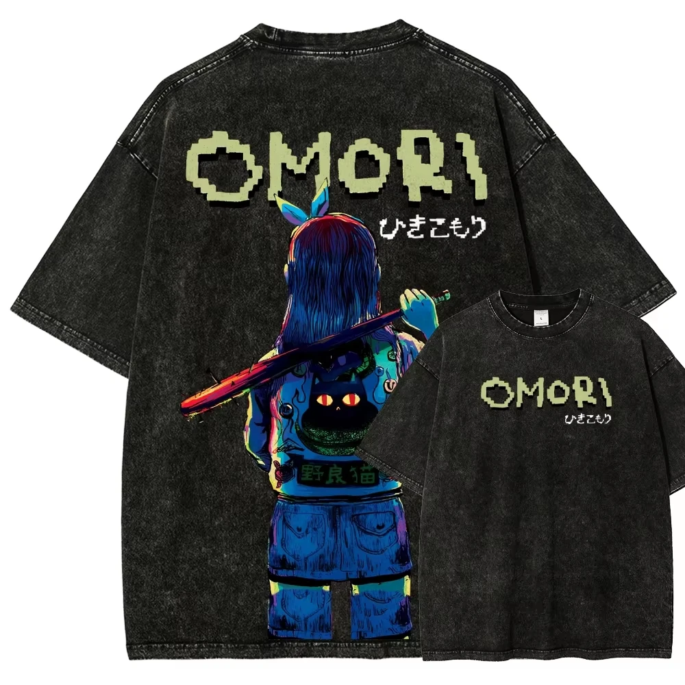 OMORI Washed T-shirt Oversized Unisex Couples Streetwear Cotton Trendy Y2k Short Sleeves Classic high quality Harajuku Vintage