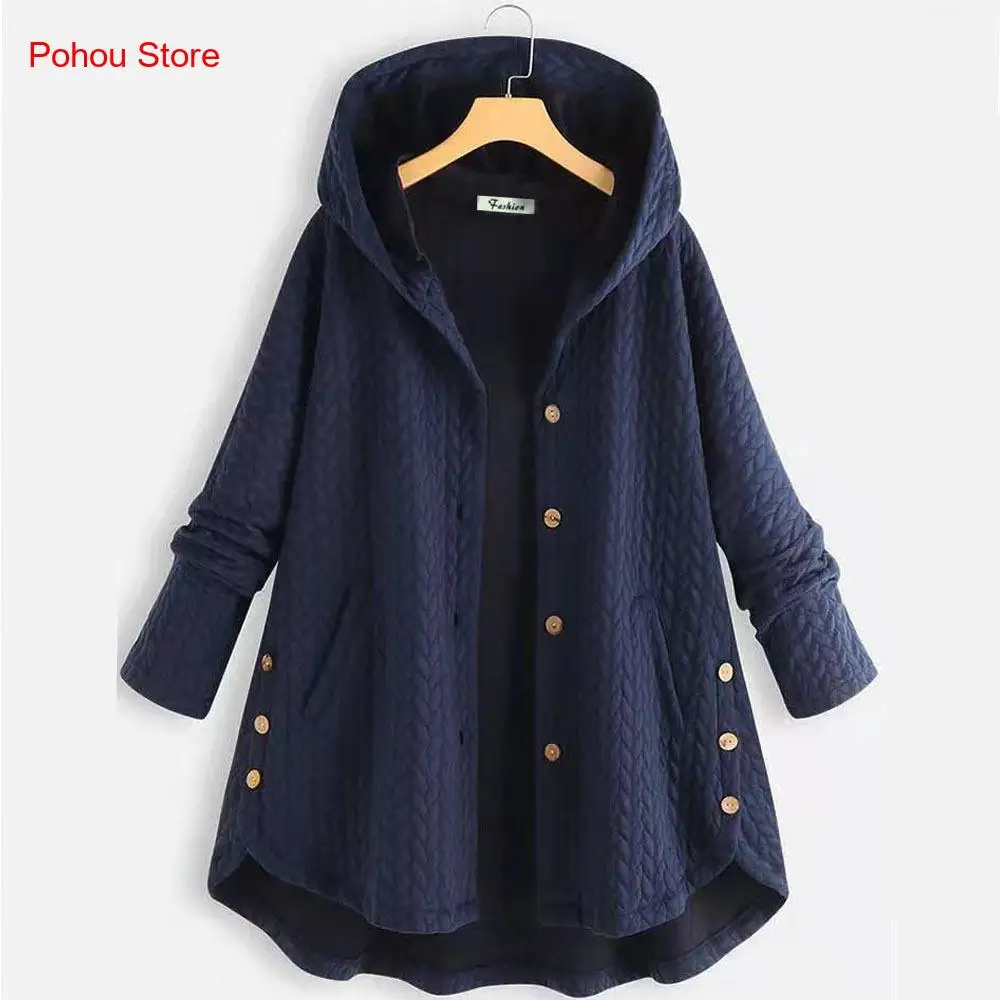 Spring and Autumn Winter Simple Pure Color Hoodie Single Breasted Medium Length Irregular Cotton Jacket for Women