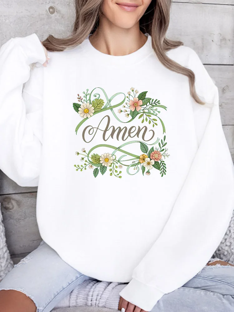 

Женская толстовка с круглым вырезом Amen and Flowers, повседневный пуловер с длинными рукавами, свободный крой, для повседневной носки