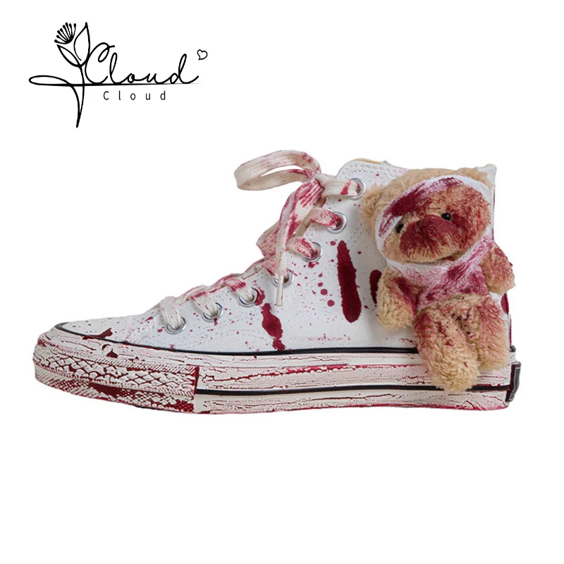 Murder Bear Graffiti Women Canvas Shoes Spring Autumn Male Ins Unisex Punk Street Style Women's High Top Canvas Flat Sneakers