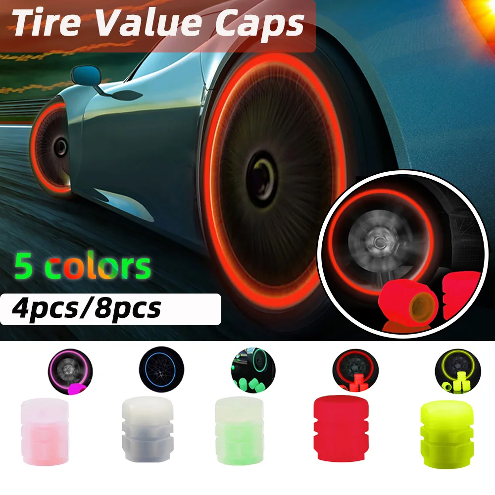 4PCS/8PCS Glow Tire Valve Luminous Car Tire Pressure Caps Stem Cover Glowing In Dark Universal Tire Valve Stem Covers For Cars