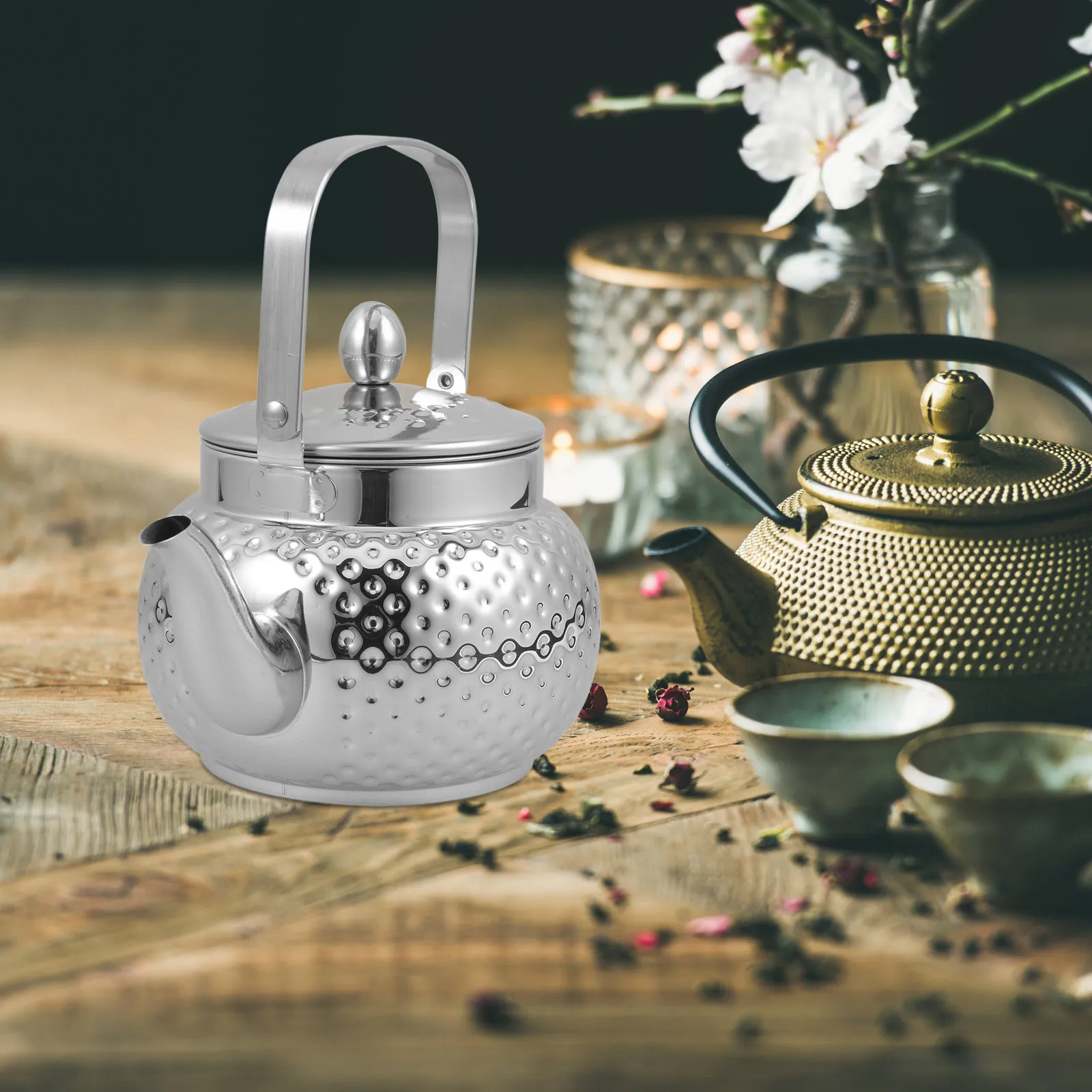 

Hammered Stainless Steel Teapot with Infuser Filter Portable Handle Large Capacity Kitchen Dining Tea Kettle for Home Office