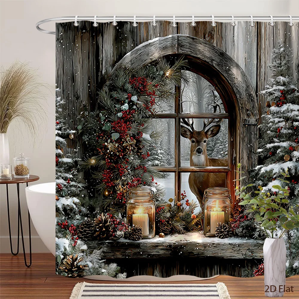Christmas Deer Window Shower Curtain, Winter Snowy Pine Cone Berry Wooden Barn Waterproof Fabric Bathroom Curtain with Hooks