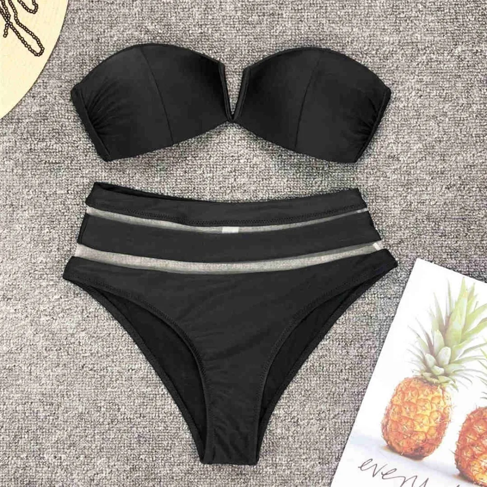 Sexy High-Waist-Bikini-Bandeau-Badeanzug für Damen, 2020, zweiteiliger Bikini-Set mit BH-Cup, Badebekleidung, Badeanzug V1297 – Detail 8