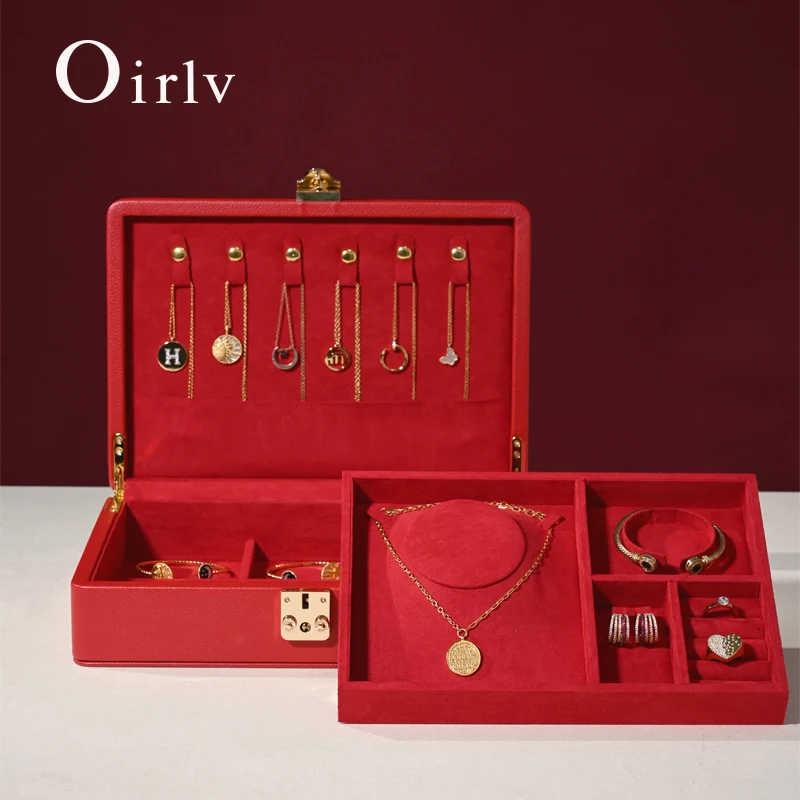 Oirlv Double Layer Storage Box Ladies Gift Leather Jewelry Box Classic Pure Red/White Fashion Storage Box Jewelry Display Case