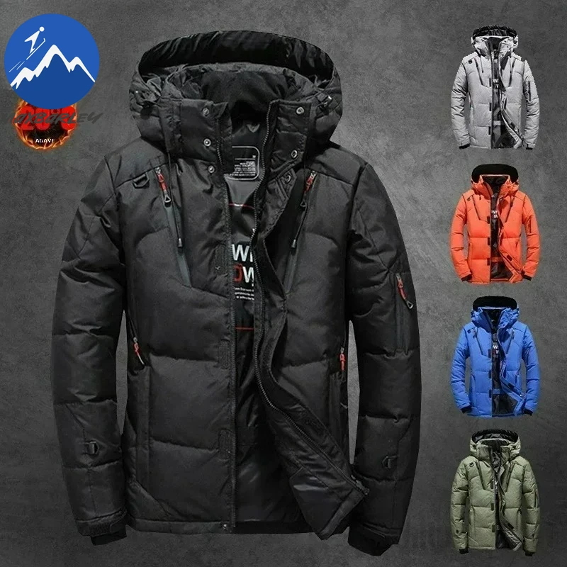 -20 Chaqueta de plumón de pato ligera para hombre, abrigo grueso y cálido para nieve, cortavientos con capucha para hombre, Parka, prendas de vestir exteriores, ropa deportiva con relleno