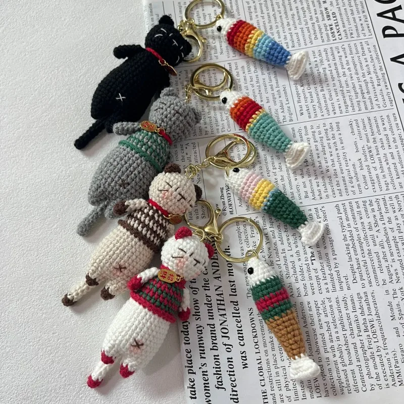 Niedlicher gehäkelter Katzenanhänger, kreativer gestrickter Katzen-Schlüsselanhänger, handgefertigter gewebter Tier-Schlüsselring, Rucksack-Deko-Geschenk – Detail 2