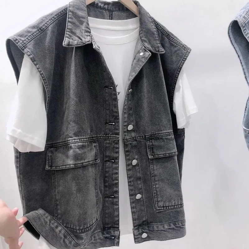 

HUWEN Retro BF Style Denim Jacket Vest Waistcoat Women Sleeveless Casual Japanese Versatile Clothes Outwear Denim Cargo Tops