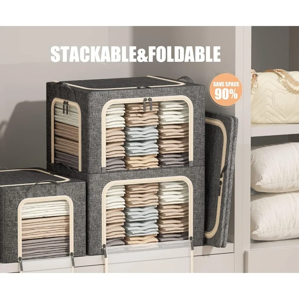 Openings Clothes Storage Bins with Metal Frame, Foldable Storage Bin for Clothes, Clothing Storage Bins with Lid