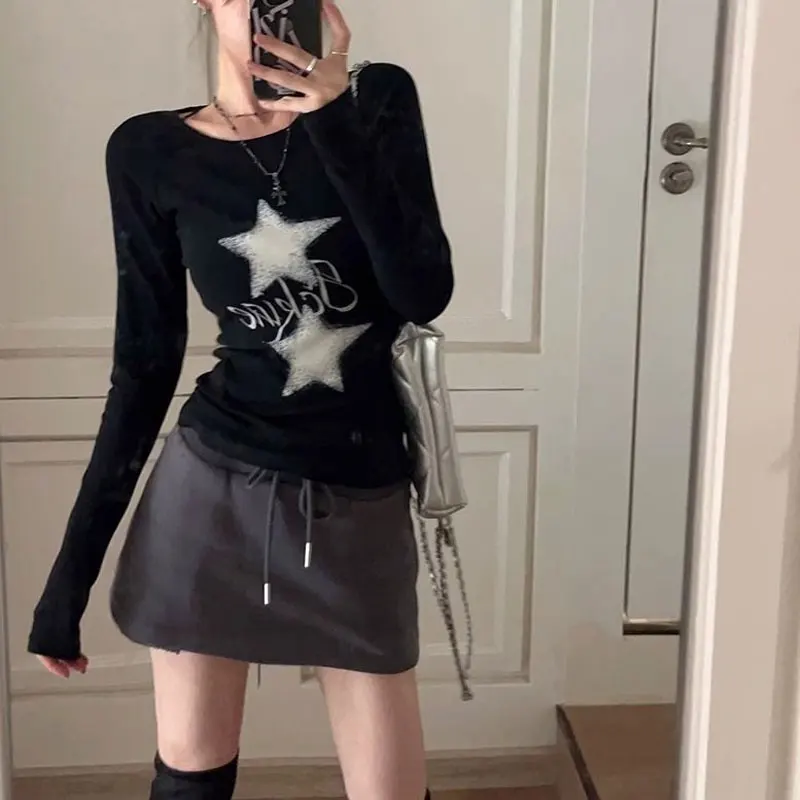 

Пуловеры с буквенным принтом в американском стиле ретро, осенняя повседневная женская одежда с круглым вырезом, базовые модные тонкие футболки с длинными рукавами