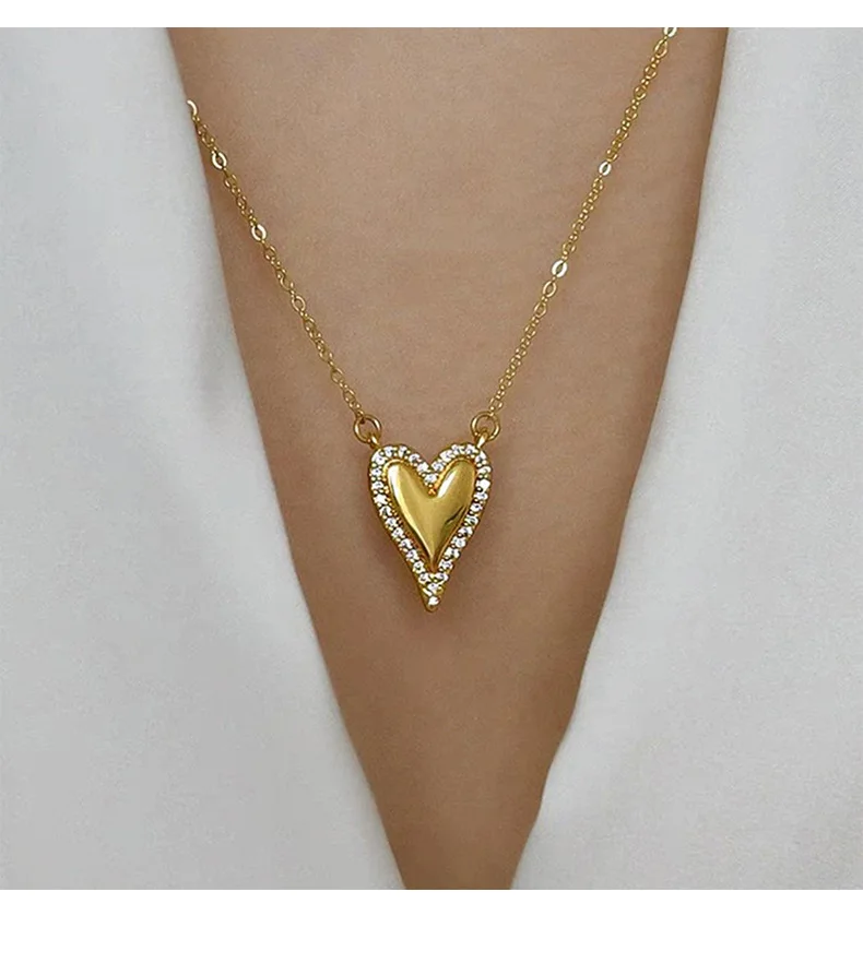 Titanium With 18K AAA Zircon Heart Necklace Women Jewelry Punk Designer Runway Rare Simply Gown Boho Japan Korean