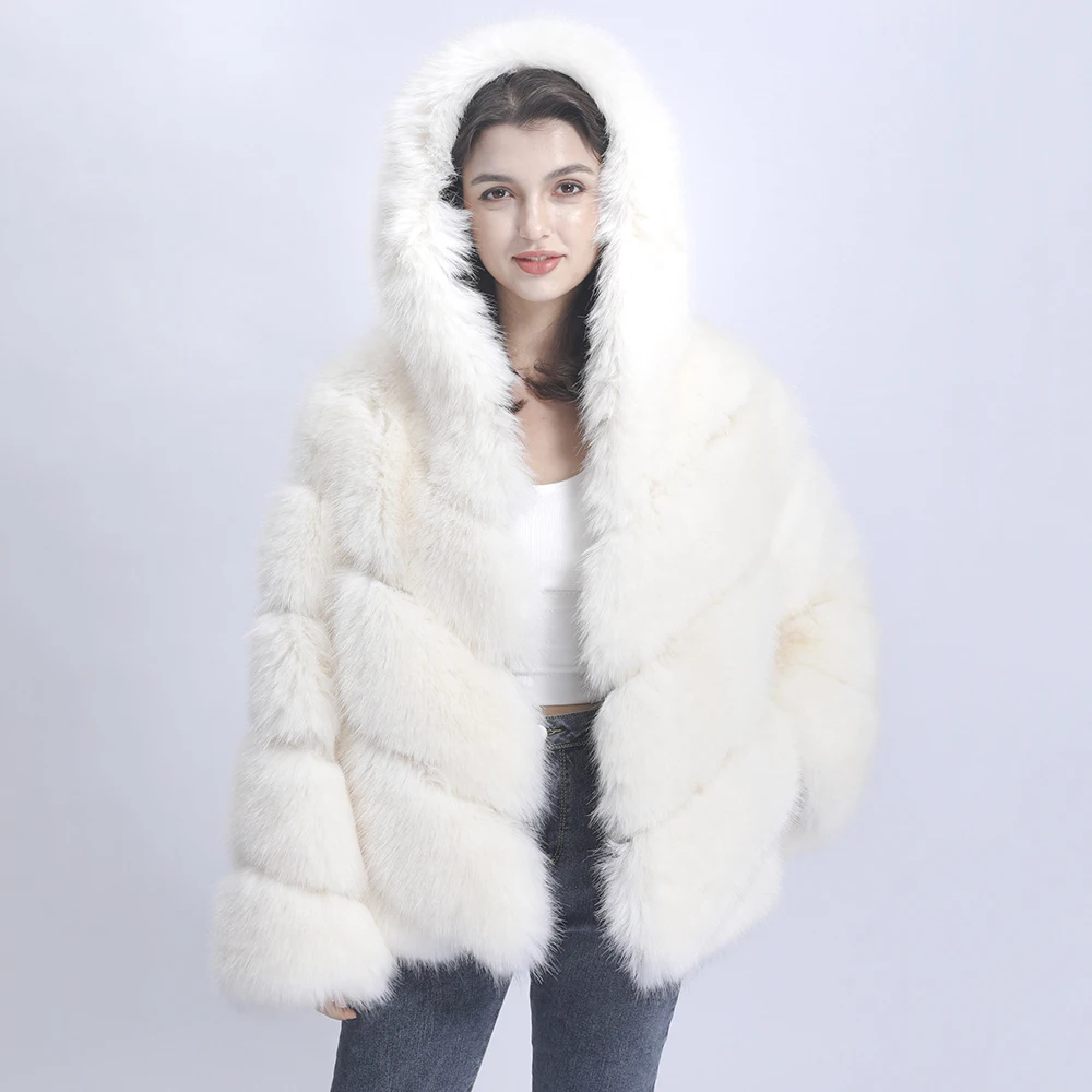 Janefur-Faux Fur Coat with Hood for Women, White Bomber Jackets, Fluffy Imitation Fox Fur, Fake Fur, Winter, Wholesale, New