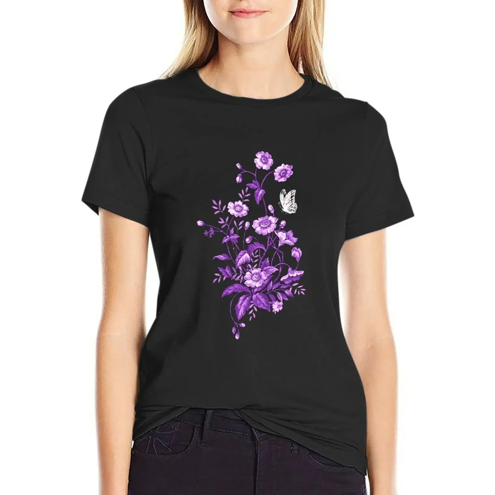 Purple Botanical Flowers and Butterfly T-Shirt cute clothes Blouse t shirts for Women loose fit