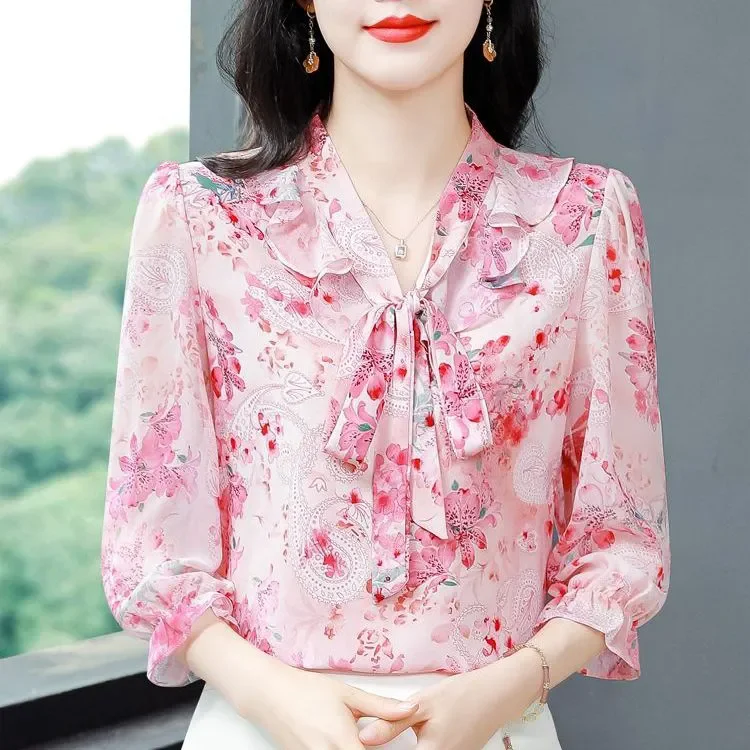 

Faionable Anti-Aging Knot Tie Floral Seven-Quarter Sve Loose Meat Concealing Slimming Top Summer New Arrival