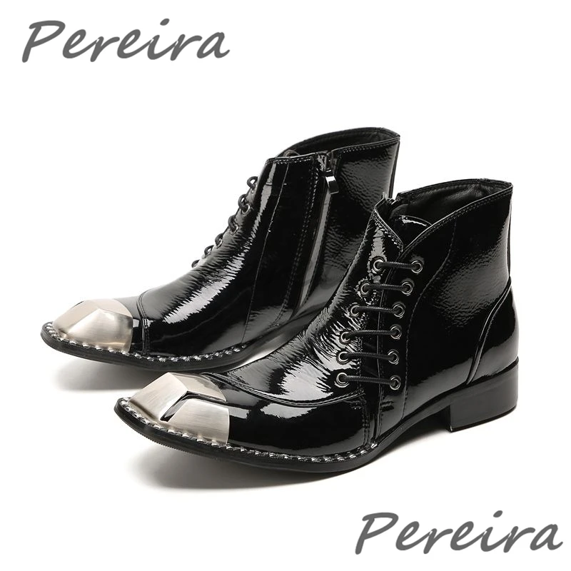 

Black Metal Square Toe Ankle Boots Patent Leather Cross Strap Side Zipper Short Booties Trendy Banquet Party Men's Dress Shoes