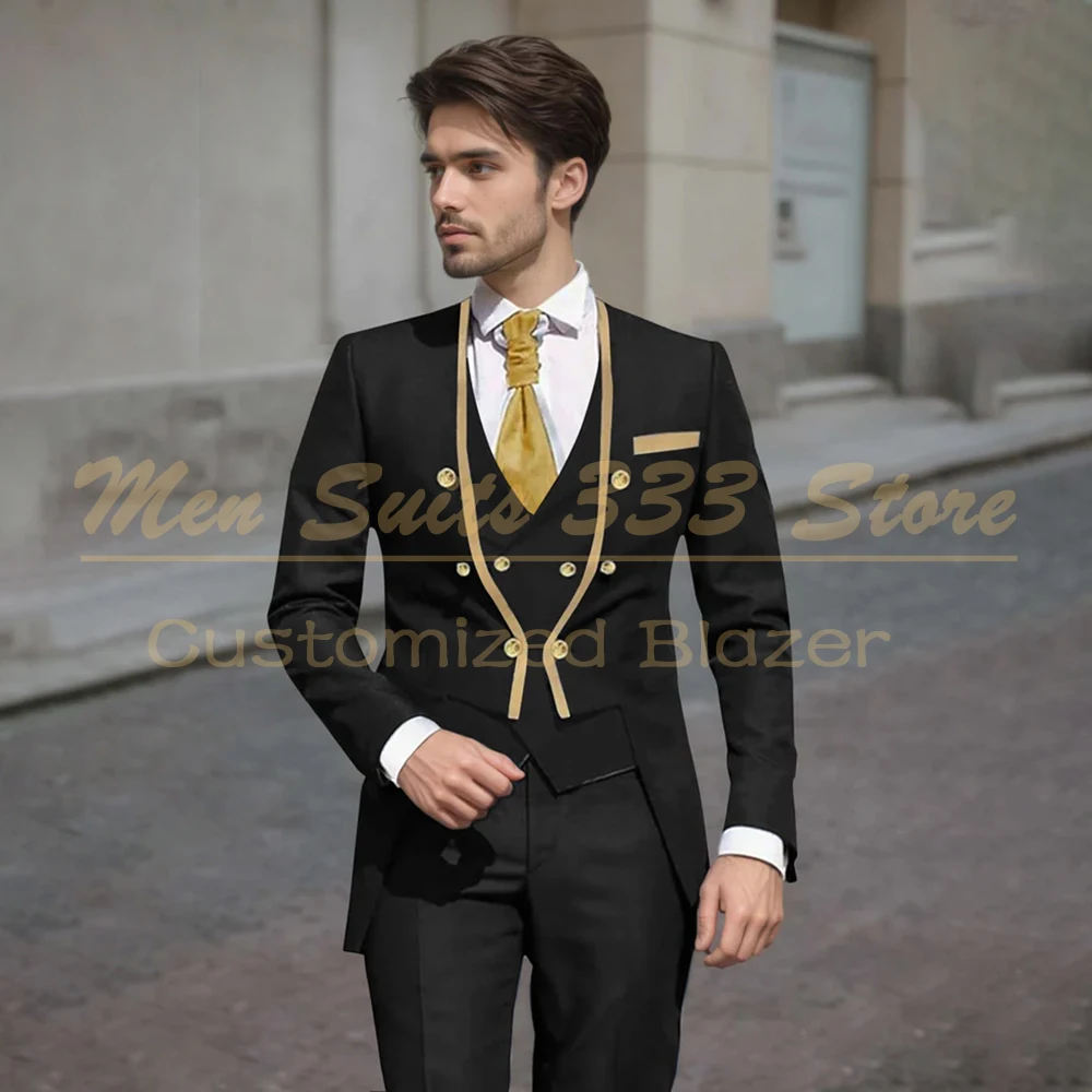 

Luxury Black Men's Suits Elegant Double Breasted 3 Piece Jacket Pants Vest High Quality Long Tuxedos For Wedding Outfits 2026