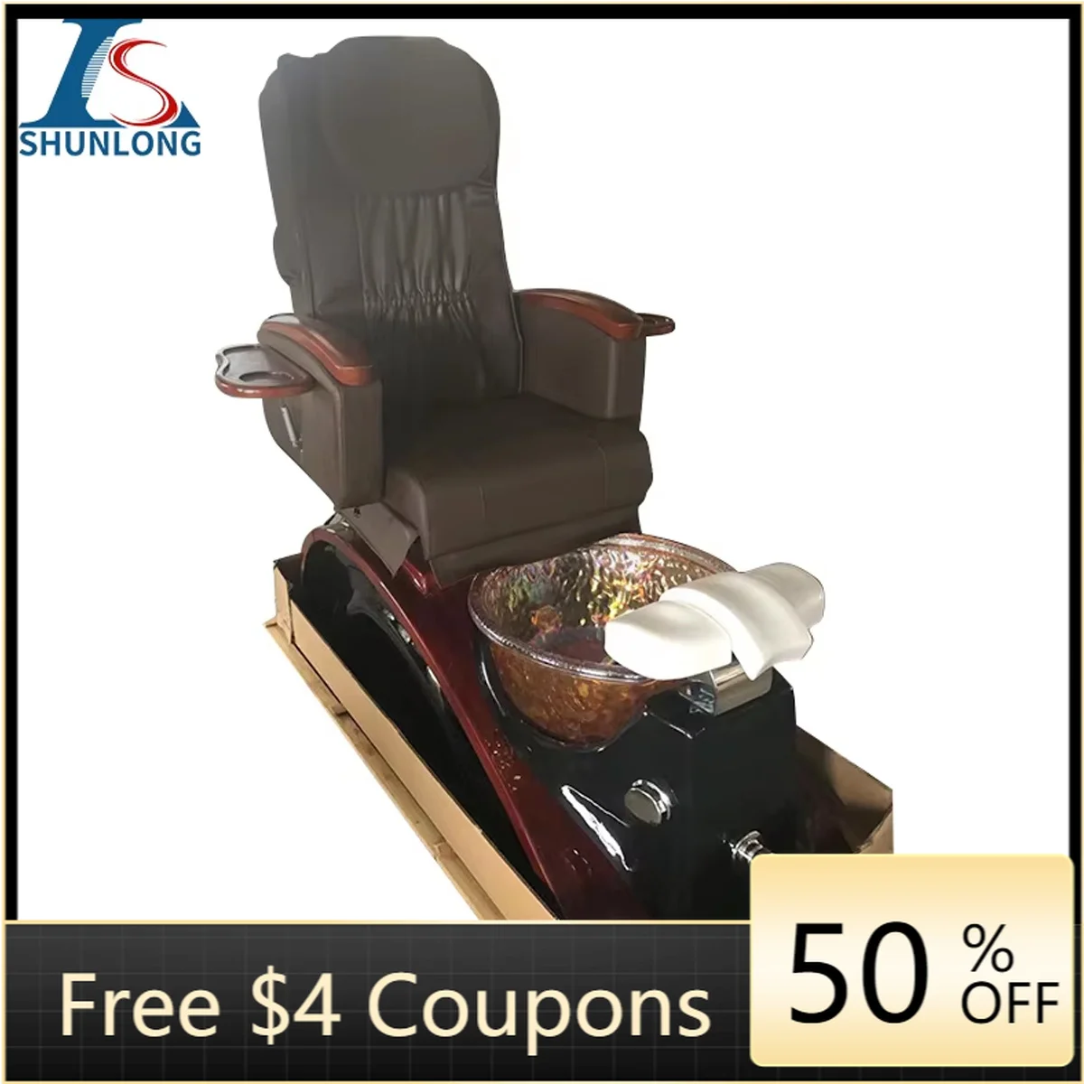 Dark Brown Pleated PU Pedicure Spa Chair, Electric Reclining Foot Massage Chair with Iridescent Crystal Glass Foot Basin, Wooden