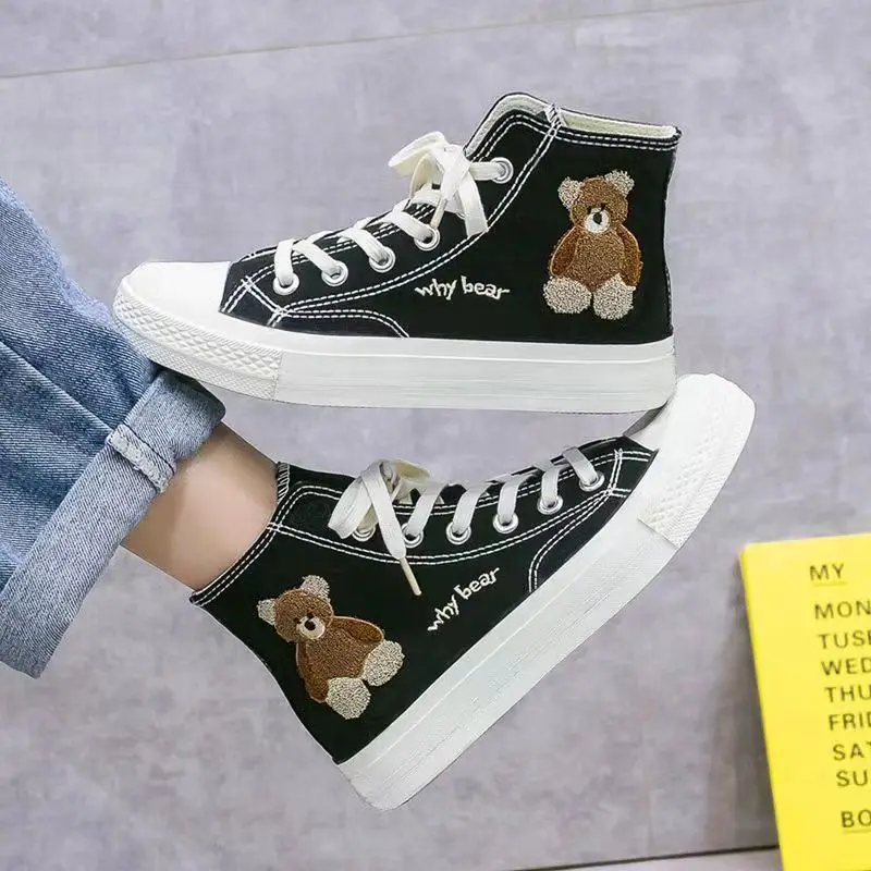 2023 Spring and Autumn New Little Bear Girl Breathable High Top Canvas Versatile Board Shoes