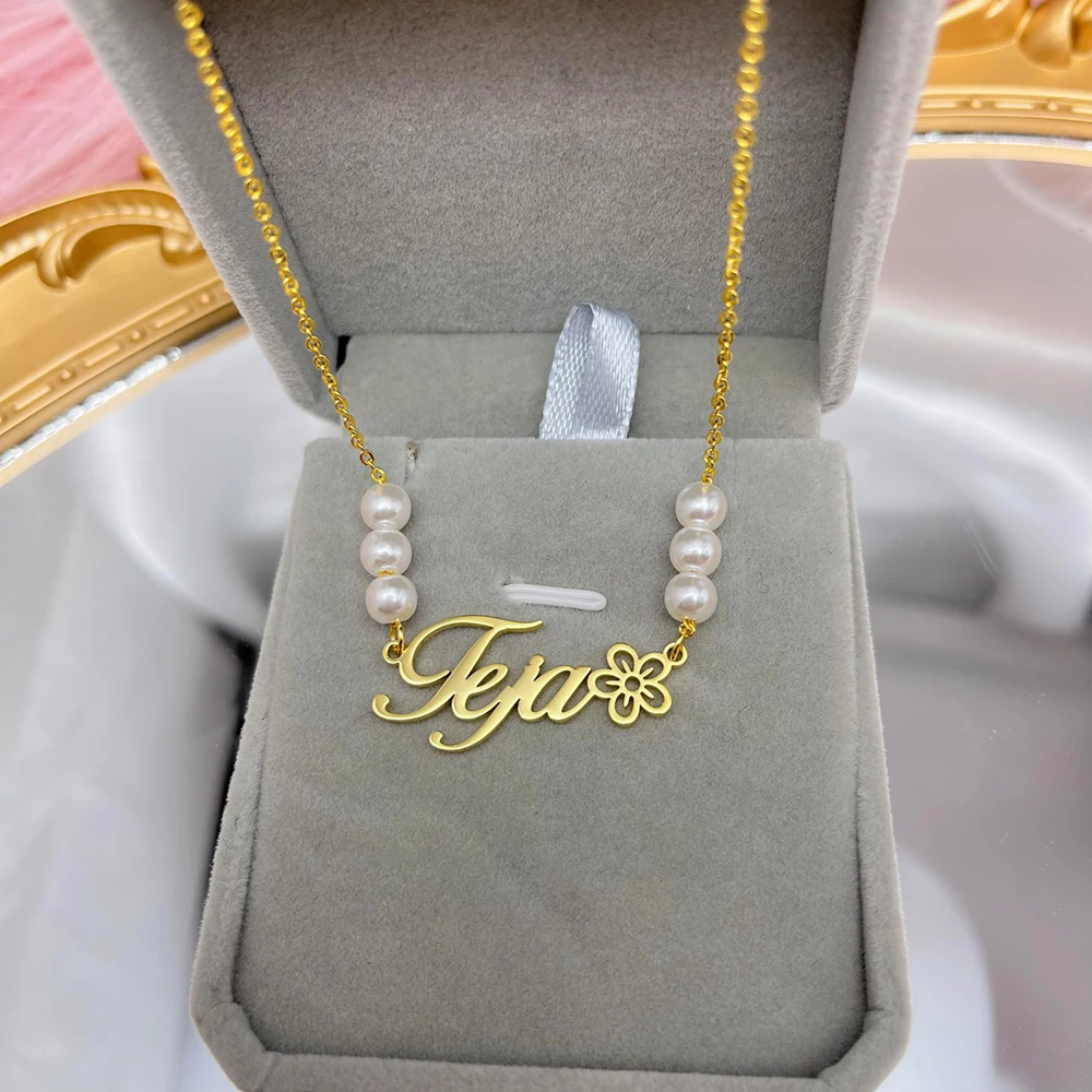 Stainless steel custom pearl necklace custom nameplate Flower Necklace female