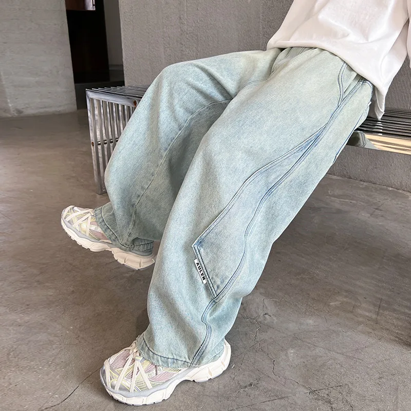 New Kids Designer Patchwork Vintage Light Blue Wash Baggy Jeans for Child Boys High Street Casual Denim Pants Fashion Trousers