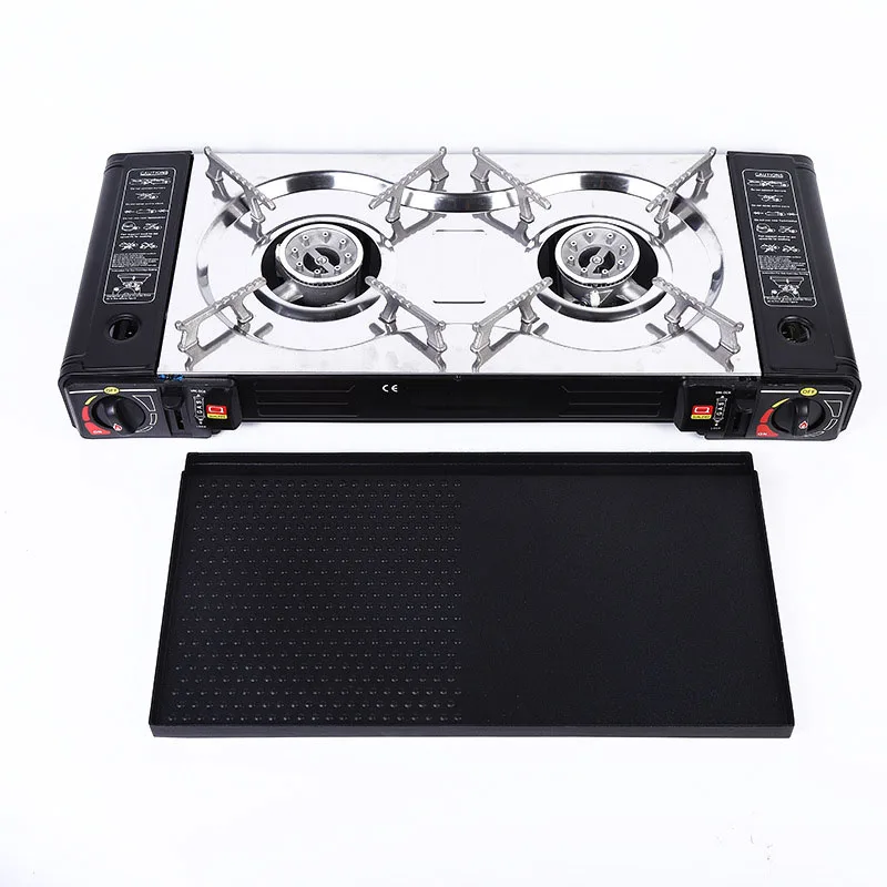 

Portable 2 Burner Gas Stove Kitchen Dual Use Gas Cooker Outdoor Camping BBQ Grill Tabletop Cassette Stove With Baking Plate