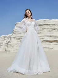 Luxury Wedding Dresses 2024 Long Sleeves Tulle Lace Appliques Backless Bridal Gown For Bride Party Gown