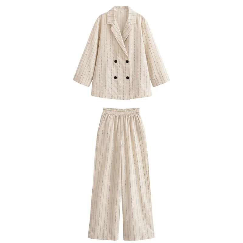 

Women's Suit New Summer 2025 Khaki Striped Long Sleeve Blazer Trouser Set Sequin Embellishment Casual Chic Simple Personality