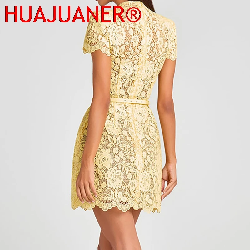 Fashion Perspective Lace Women's Party Dress New Elegant O Neck Short Sleeved High Waist Dress Yellow Bow Tie Up Banquet Dresses - Image 5
