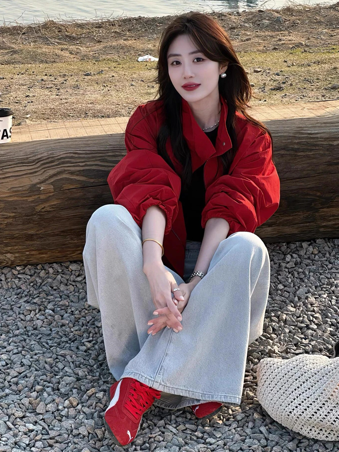 

Red ort Baseball Sle Jaet Women's Spring Autumn Casual Straight Cut Zipper Front Stand Collar Windbreaker Outerwear