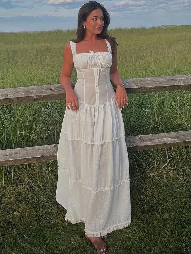 Taruxy schnüren schlanke Maxi kleider für Frauen Korsett kleid mit hoher Taille Damen Weiß Hochzeit Urlaub elegante Mode Falten Kleid Frau