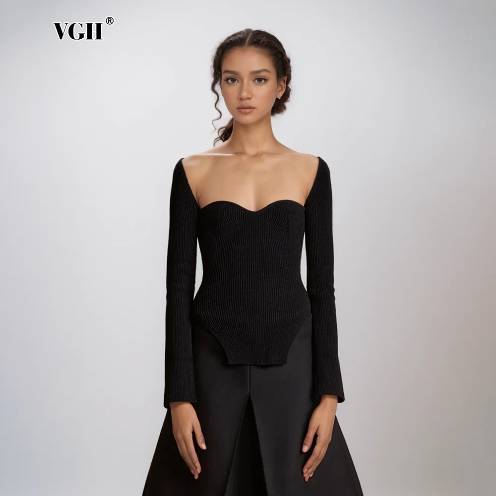 

VGH Sexy Solid Slimming Knitting Tops For Women Square Collar Long Sleeve Minimalist Chic Pullover Sweaters Female Fashion New