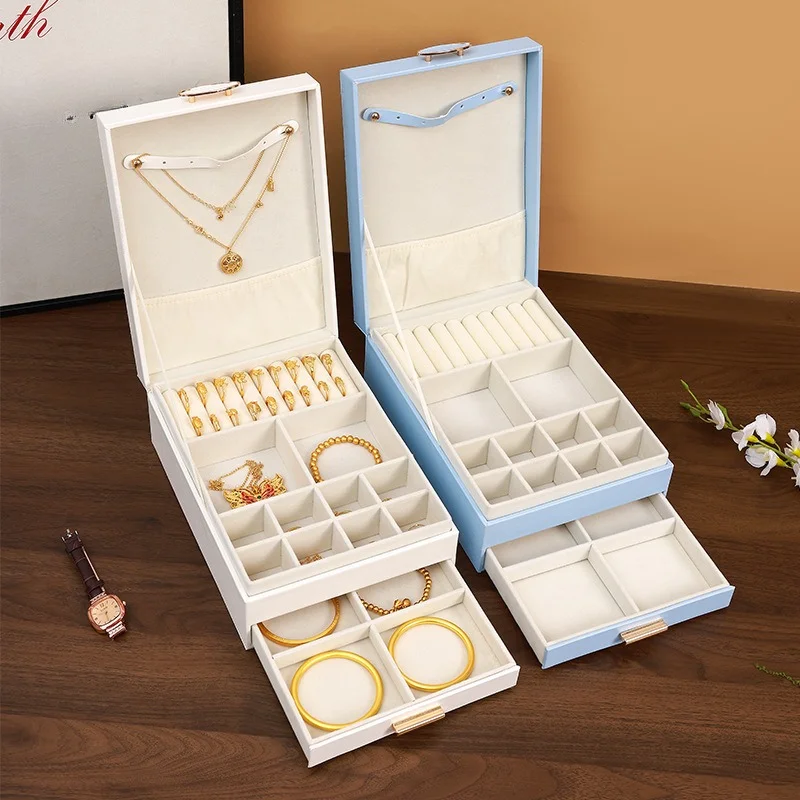 New‑Style Double‑Layer Desktop Jewelry Storage Box, Leather Drawer‑Type Organizer for Rings, Watches & Jewelry Display