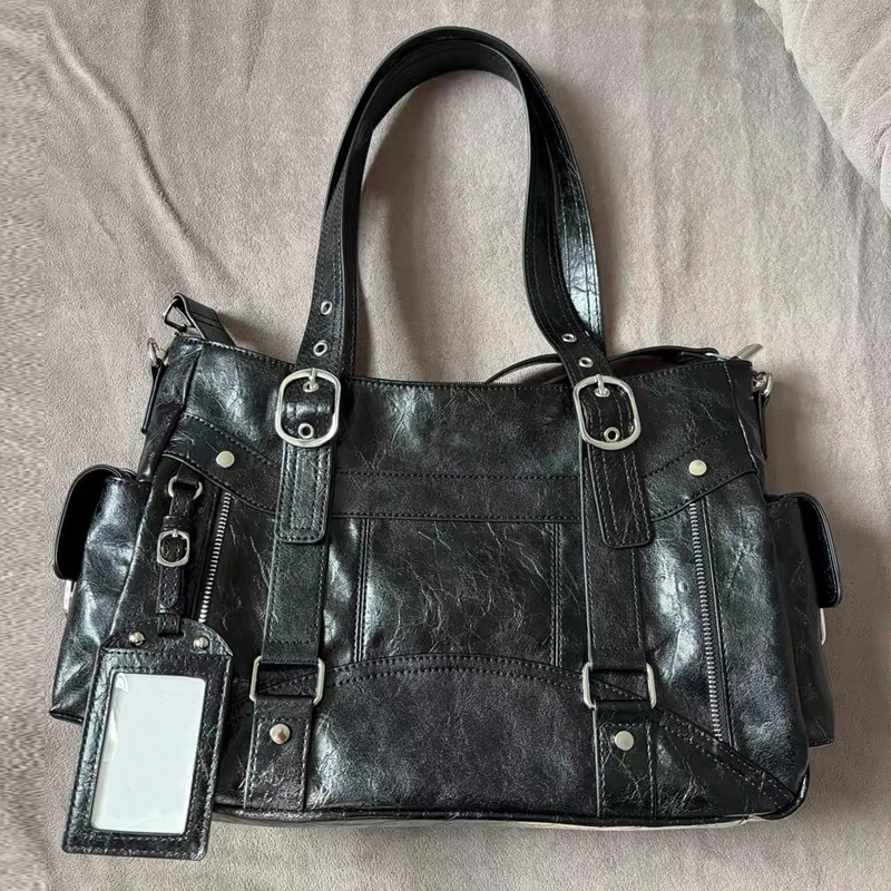 

Korean Moto & Biker Tote Bags For Women Luxury Designer Handbags Purses 2026 New In PU Multiple Pockets Rivet Underarm Shoulder