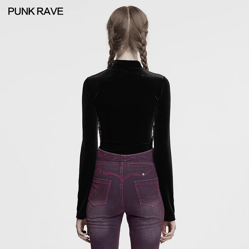 PUNK RAVE T-shirt da donna in velluto con stampa gotica quotidiana a mezzaluna prospettiva sexy con colletto rialzato Primavera/Autunno