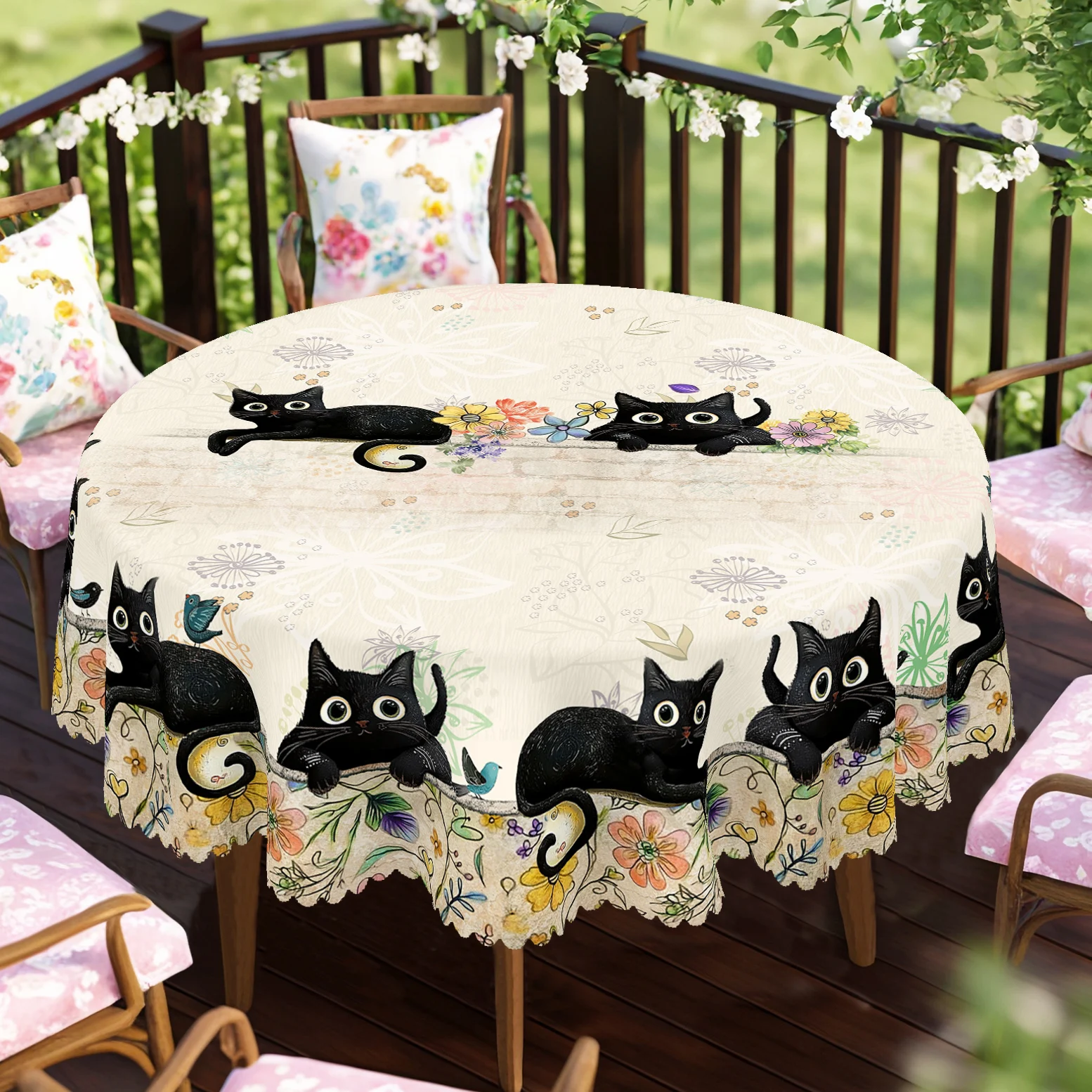1 Stück Tischdecke im Frühlingsdesign, rund und rechteckig, in verschiedenen Größen erhältlich, mit einem eleganten Katzenmuster, dekorative Tischdecke für Gartenessen, im Vintage-Landhausstil,