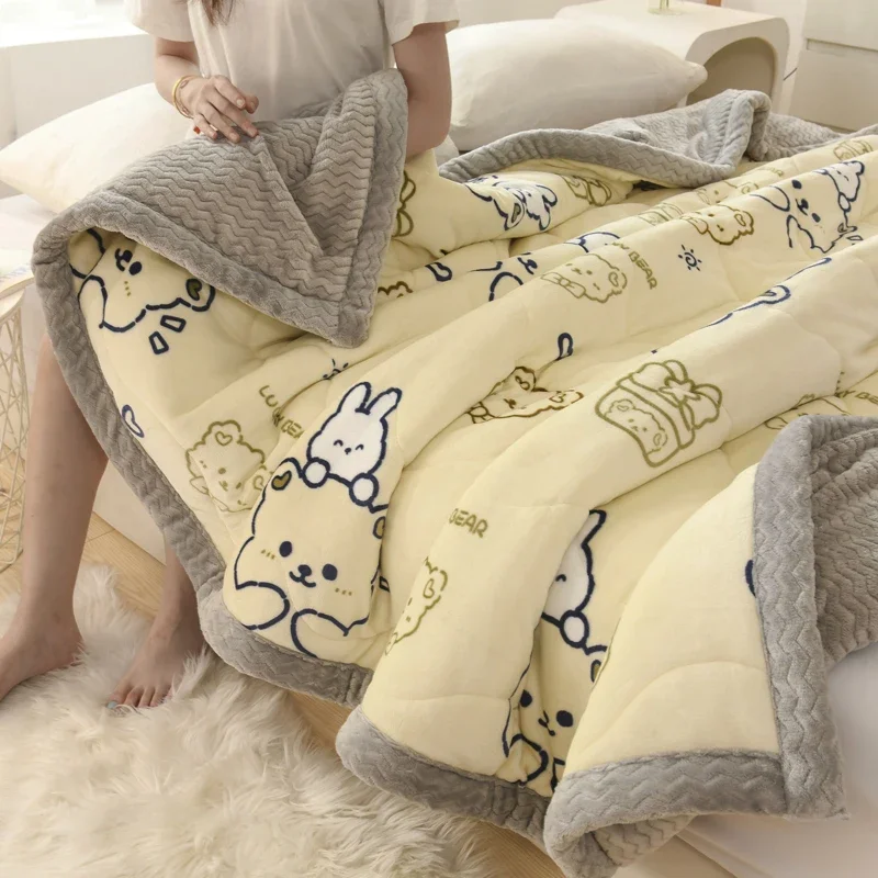 Thickened Warm Coral Fleece Winter Blanket for Bed Cartoon Bear Printed Double-layer Milk Velvet Blankets Double Plush Comforter