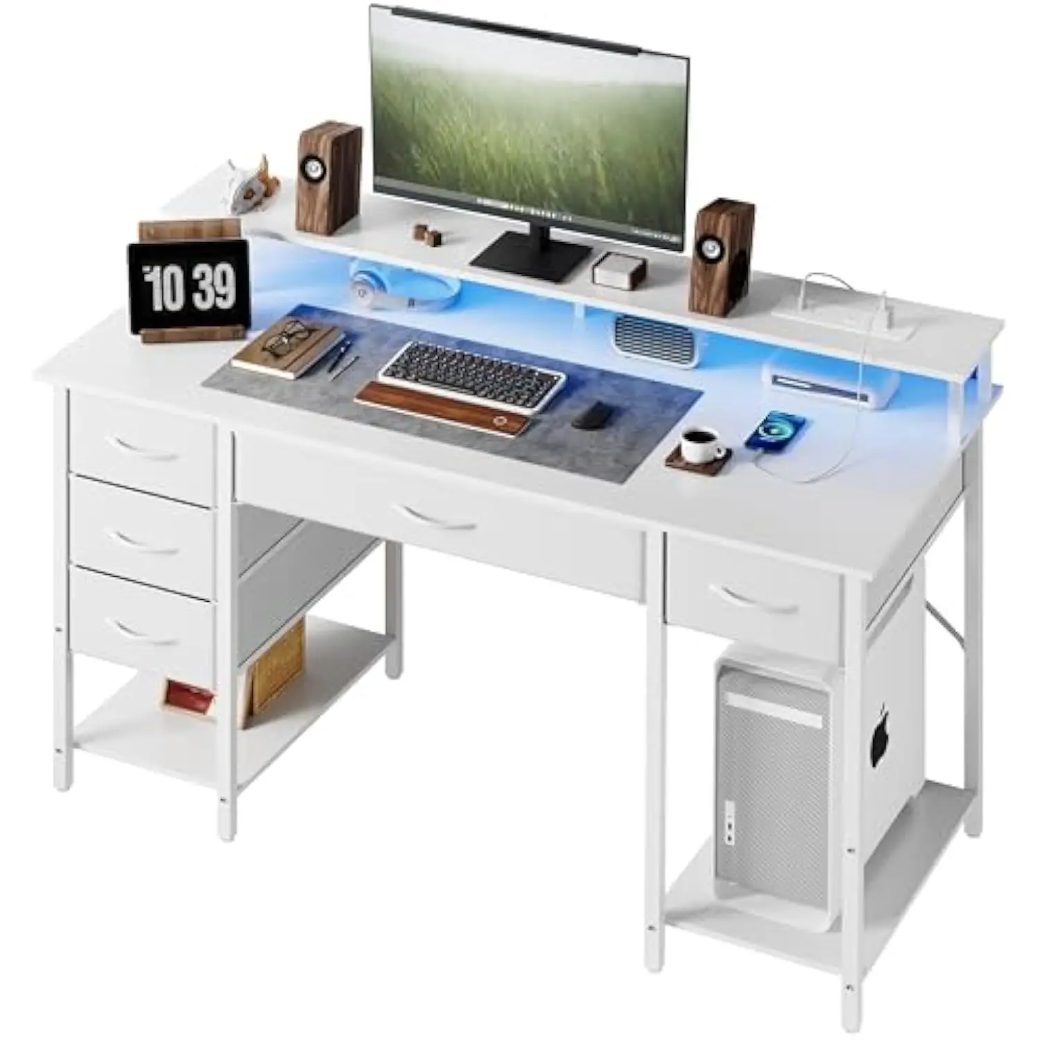

Computer Desk with Drawers and Power Outlets, 47 英寸 Gaming Desk with Led Lights, Home Office Desk with Monitor Stand, Study W