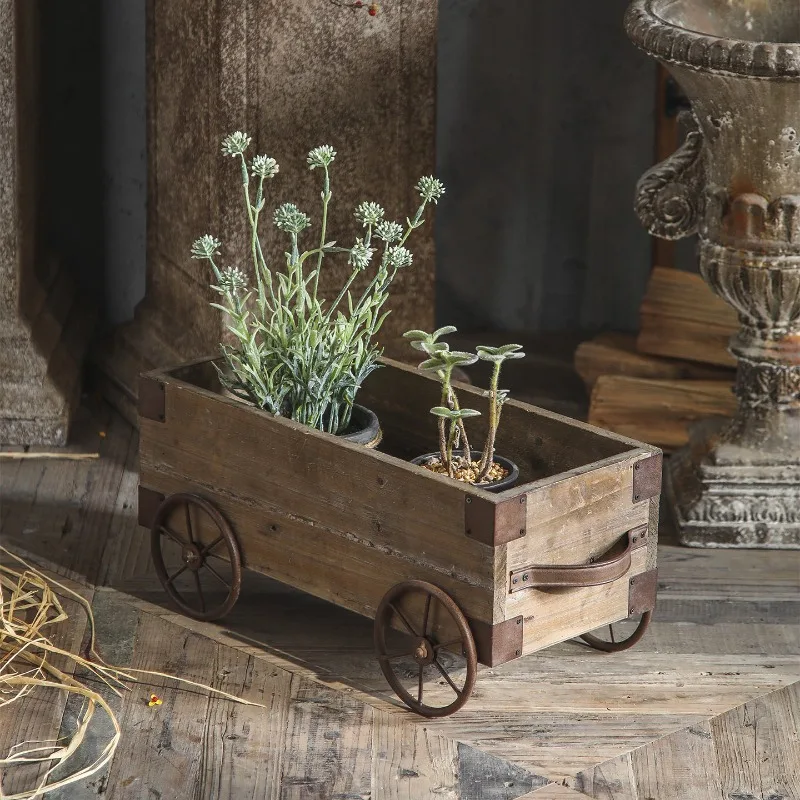 American Old Iron Wood Wagon Planter Stand Rustic Mobile Flower Pot Holder for Garden Vintage Display Cart for Plants Yard Decor