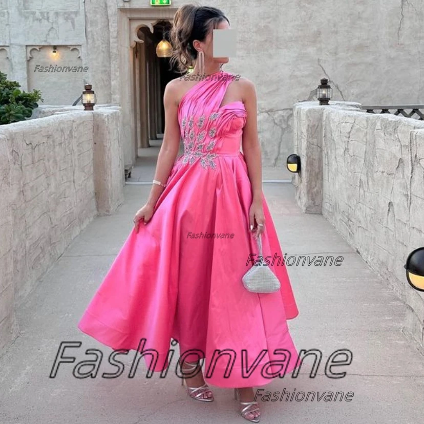 

Fashionvane One Shoulder Prom Dresses Saudi Arabia Women Wear Beaded Ruched A Line Evening Party Vestidos فساتين للحفلات الراقصة