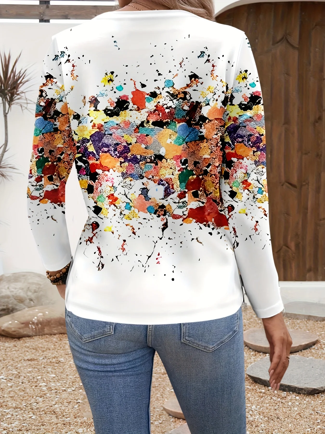 Women Crew Neck Long Sleeve T‑Shirt Colorful Paint Splatter Abstract Art Print Casual Loose Fit Ladies Daily Tops