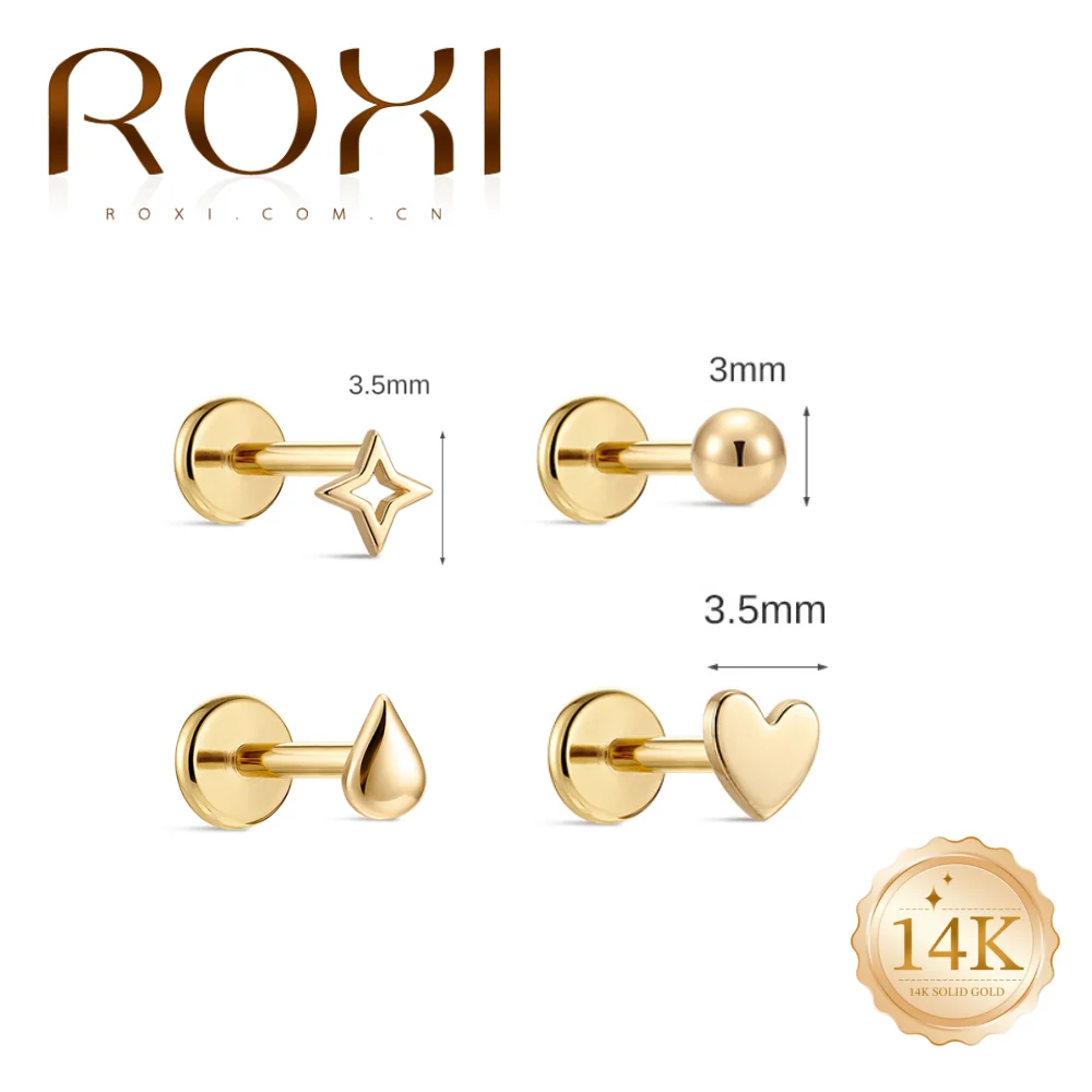 ROXI 1PC 14K Solid Gold Piercing Studs, Hypoallergenic Heart/Bead/Drop/Star Flat Back Cartilage Earrings For Woman